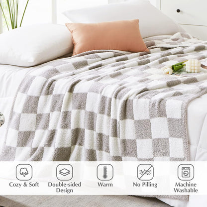 WRENSONGE Checkered Throw Blanket, Light Grey Soft Cozy Fluffy Warm Hand Made Throw Blankets for