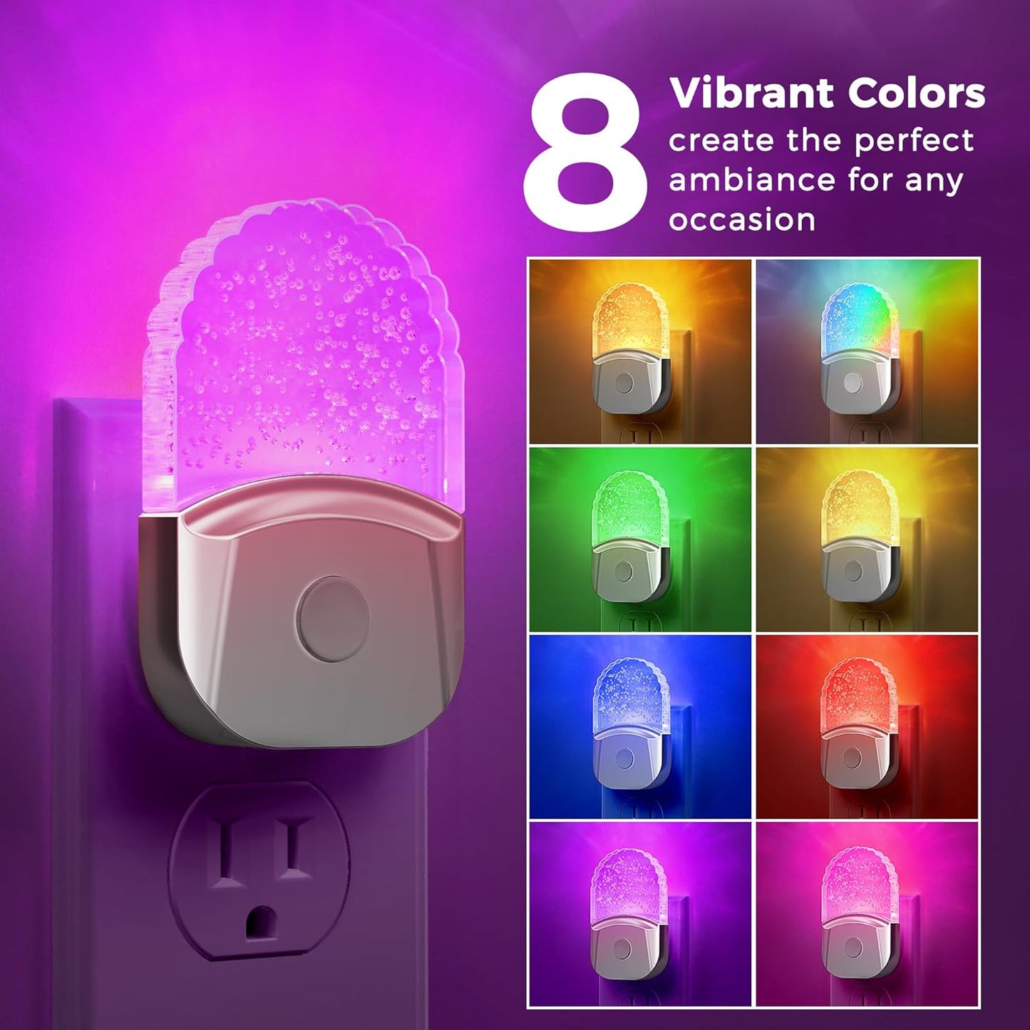 Night Lights Plug Into Wall [2 Pack], Color Changing Night Light for Kids, 8-Color RGB LED Nightlight with Dusk to Dawn Sensor for Bathroom Decor, Children Room, Gift, Silver Cover
