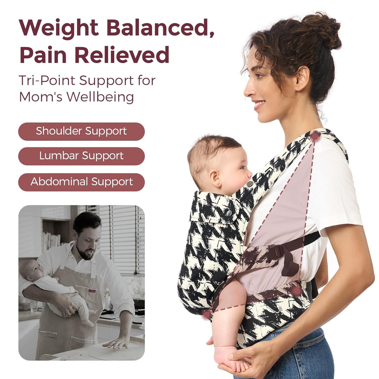 Momcozy Baby Carrier - Ergonomic, Cozy and Lightweight Carrier for 7-44lbs, Effortless to Put On, Ideal for Hands-Free Parenting, Enhanced Lumbar Support, Purehug for Infant to Toddler, Houndstooth
