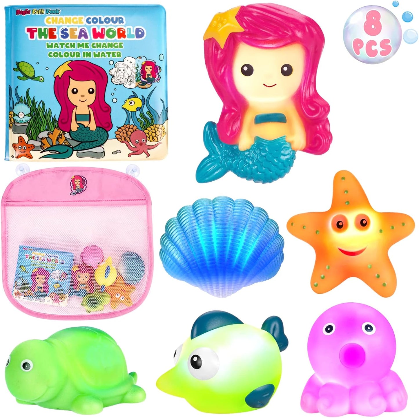Light Up Bath Toys for Toddlers Kids Girls Baby, No Hole Glow Bath Toys with Bath Book & Organizer