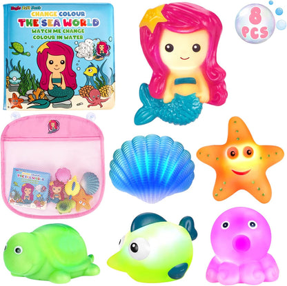 Light Up Bath Toys for Toddlers Kids Girls Baby, No Hole Glow Bath Toys with Bath Book & Organizer