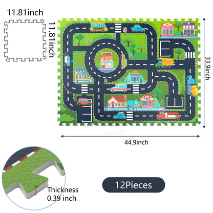 PLAY 10 Foam Play Mat for Baby, Interlocking Foam Tiles, City Road Track Puzzle Mat 12 Pieces