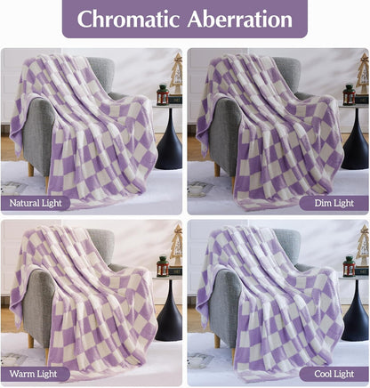 WRENSONGE Checkered Throw Blanket, Purple Soft Cozy Fluffy Warm Hand Made Throw Blankets for Couch