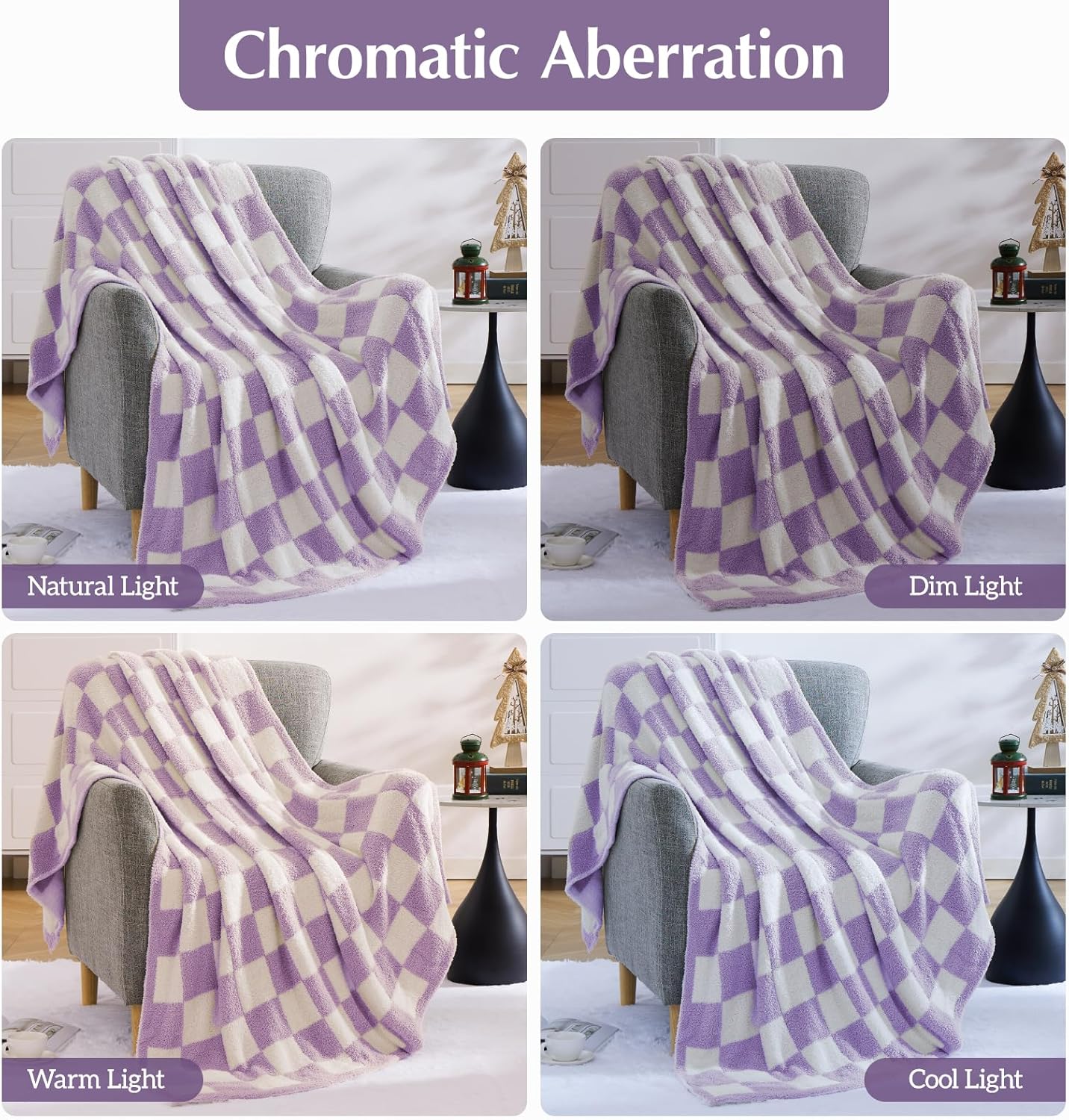 WRENSONGE Checkered Throw Blanket, Purple Soft Cozy Fluffy Warm Hand Made Throw Blankets for Couch