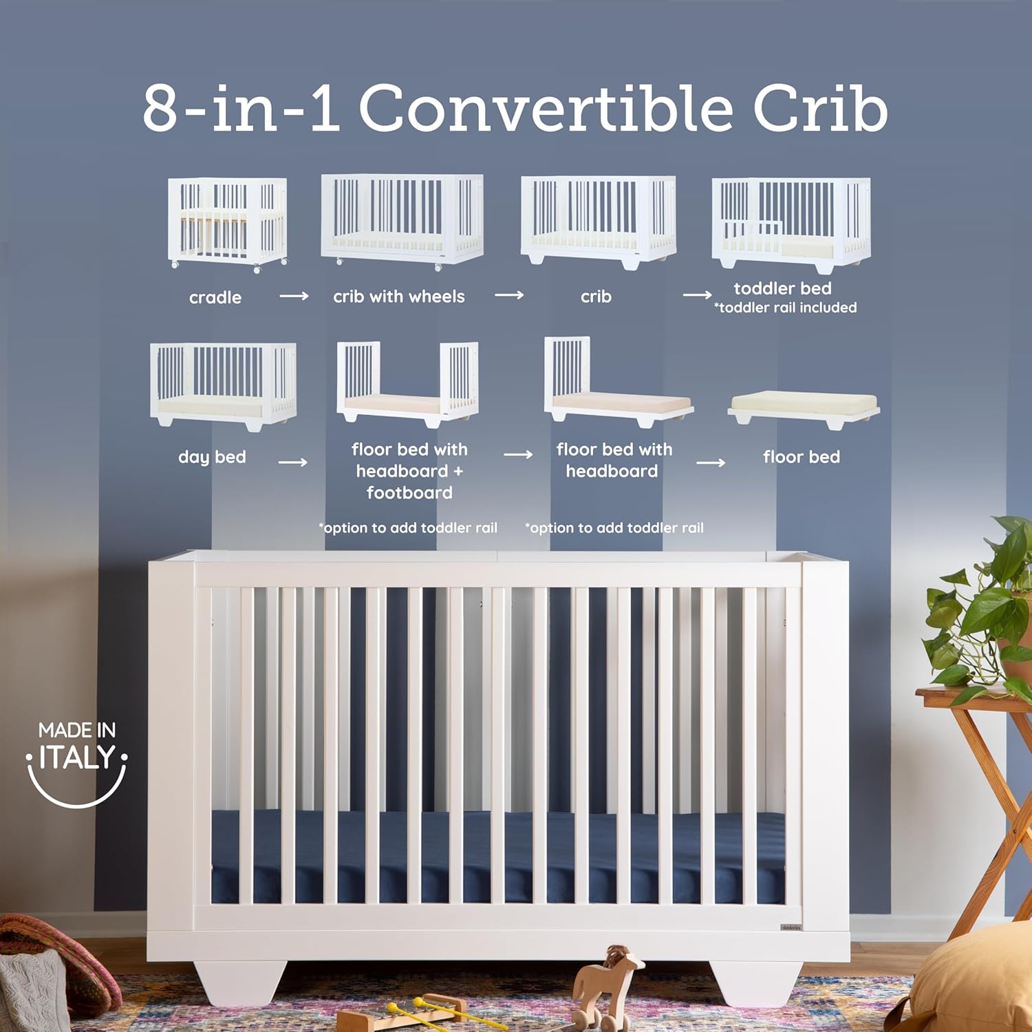 dadada Spirit 8 in 1 Convertible Crib to Toddler Bed & Floor Bed, Made in Italy, Greenguard Gold