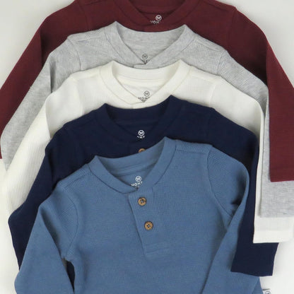 HonestBaby 5-pack Waffle Henley Long Sleeve Shirts 100% Organic Cotton for Infant Baby and Toddler Boys, Unisex