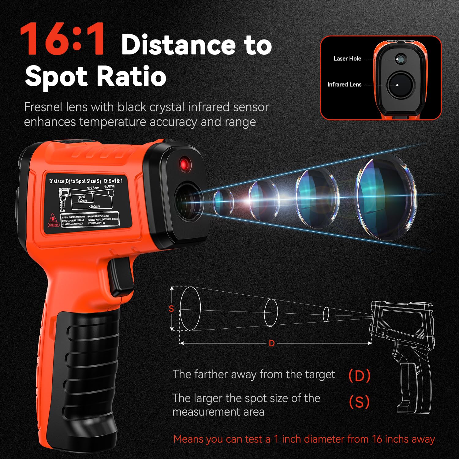 Infrared Thermometer Temperature Gun -58°F to 1796°, 16:1 Non Contact Laser Thermometer Gun with