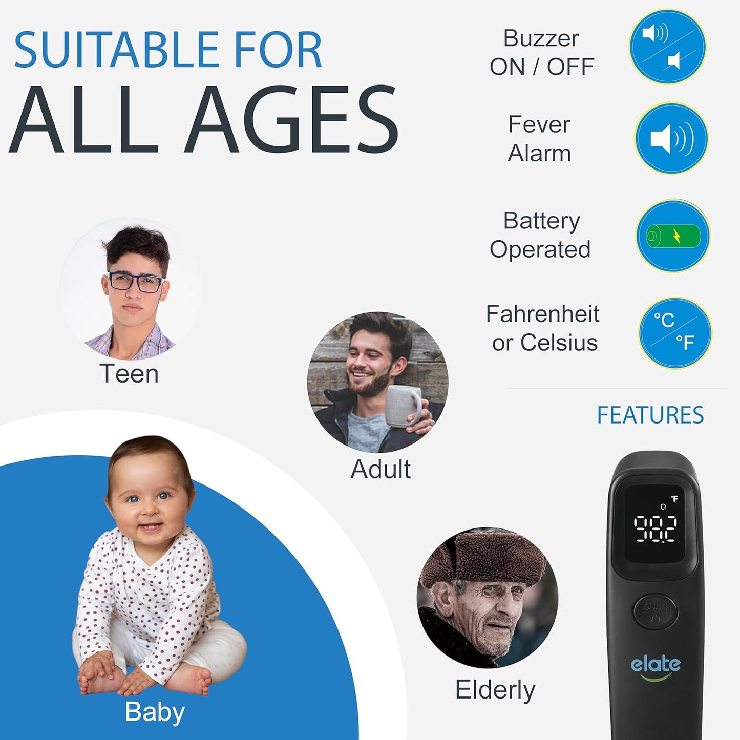 Elate Non-Contact Forehead Thermometer for Adults and Kids, No-Touch Digital Baby Thermometer for