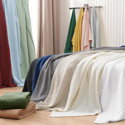 PHF 100% Cotton Waffle Weave Blanket Queen Size, Soft Lightweight Breathable Cozy Summer Blankets for Bed, Luxury Aesthetic Woven Bedding for Home Decor, 90"x90", Light Grey