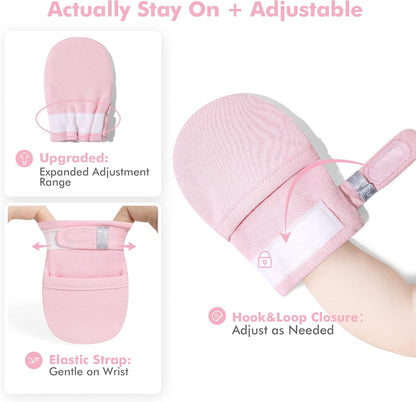 HAPIU Baby No Scratch Mittens Stay On, 100% Cotton Breathable, Adjustable Infant Gloves for Boys Girls, Newborn - 12 M