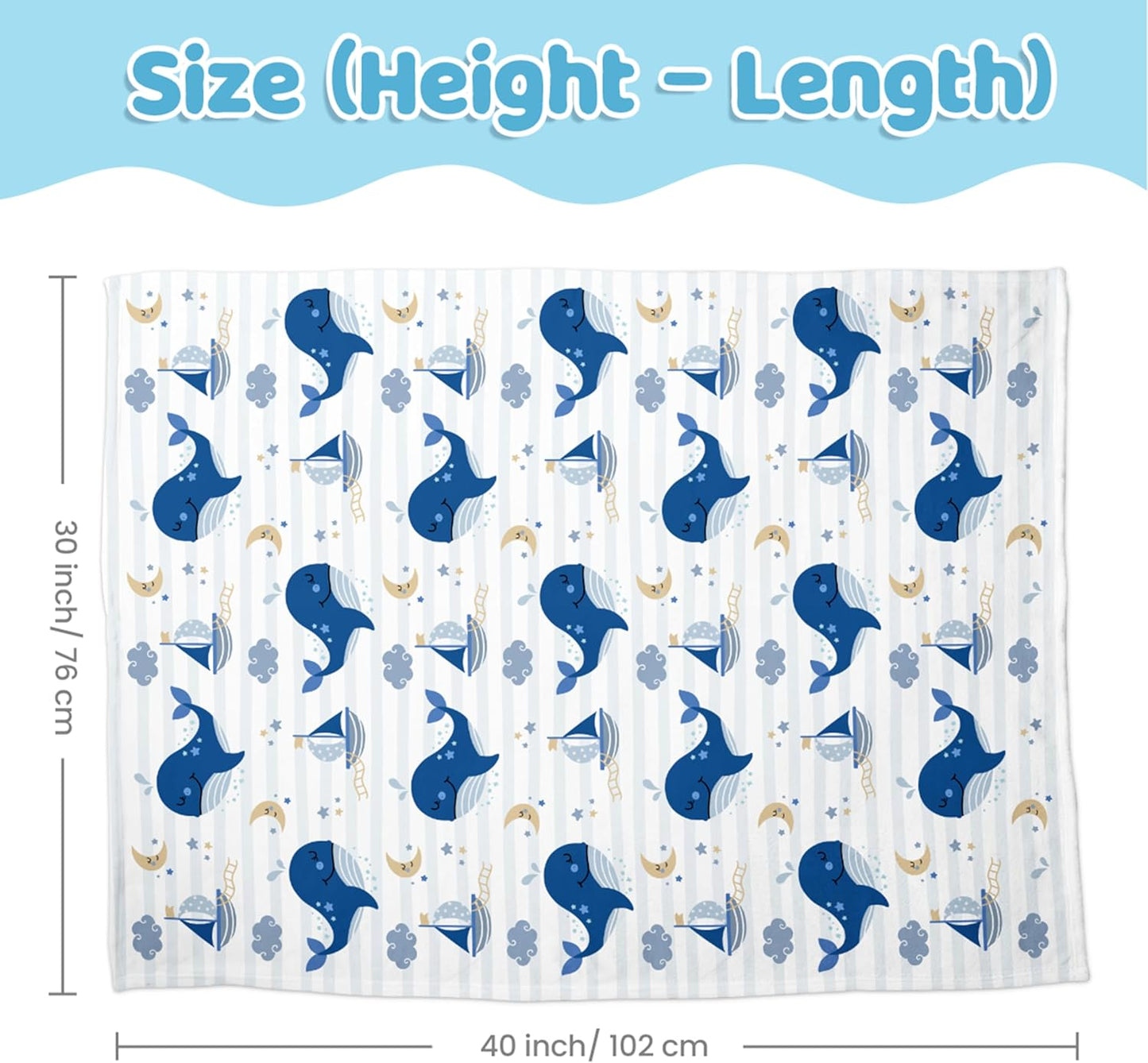 Whale Kid Blanket for Boys or Girl 30x40 - Soft Kids Throw Minky Blankets with Dotted Backing