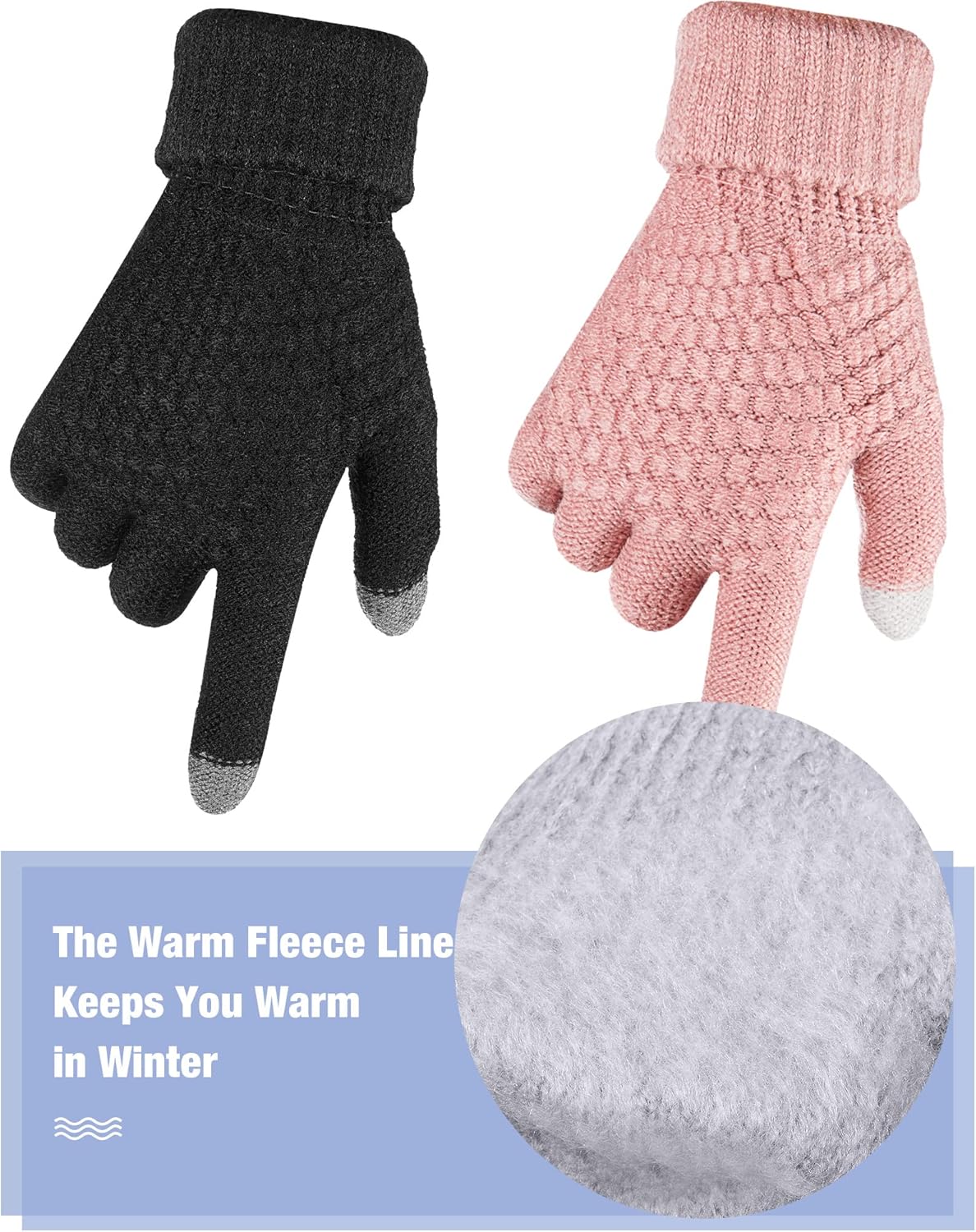 Geyoga 2 Pairs Women's Winter Touch Screen Gloves Soft Warm Fleece Lined Knit Elastic Cuff Winter Texting Gloves