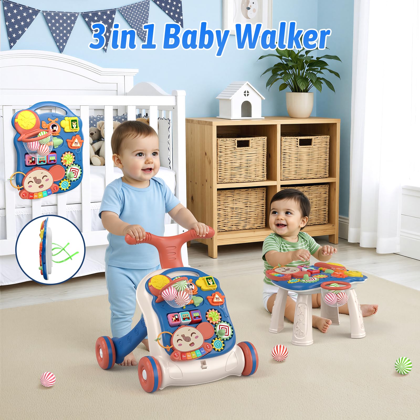QDRAGON 3 in 1 Baby Walker and Activity Center for Boy 12-18 Months, Blue