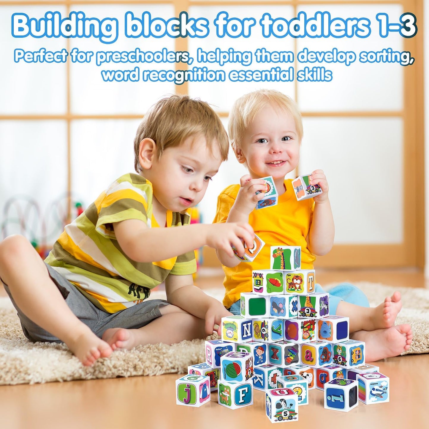 PLAY ABC Building Blocks for Toddlers 1-3, 28 PCS Plastic Baby Alphabet Letters Number Stacking Blocks Set, Preschool Learning Educational Montessori Sensory Toys Gifts for Kids Girls Boys