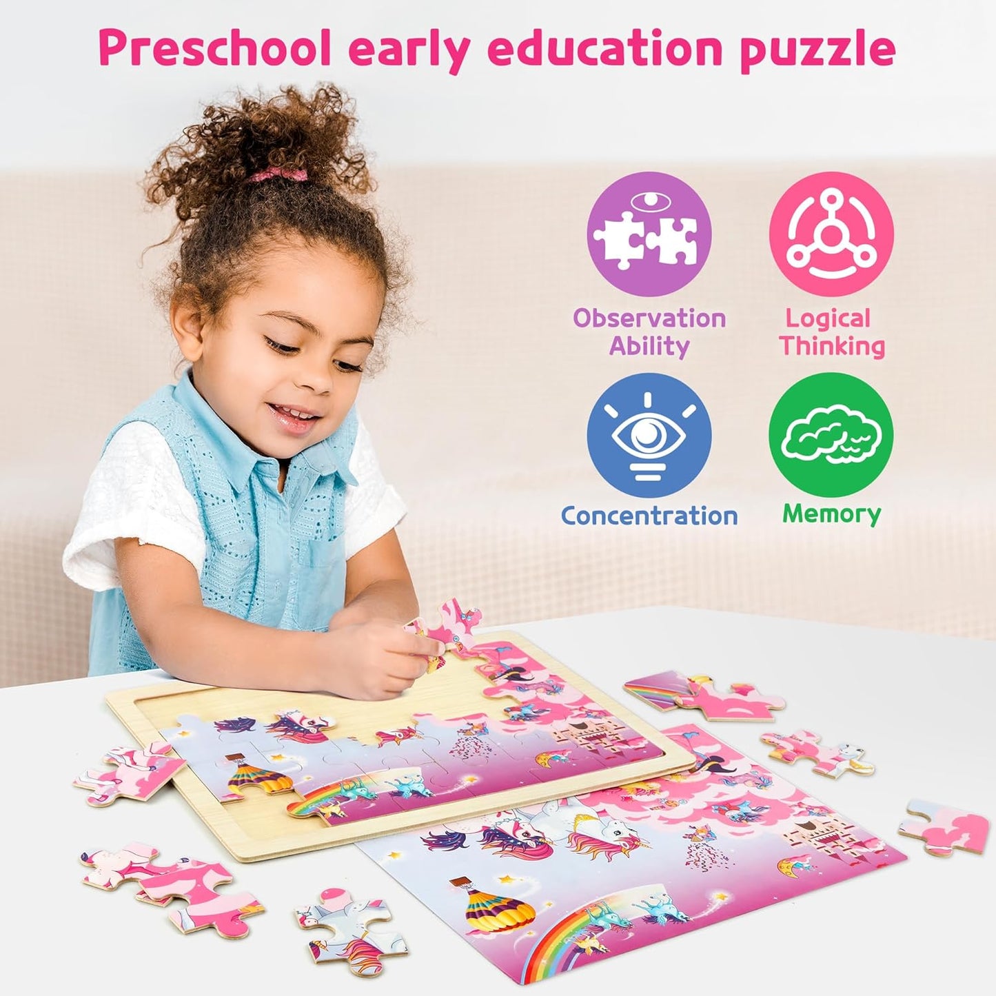 SYNARRY Large Unicorn Mermaid Princess Fairy Wooden Kids Puzzles 4 in 1 Gift Box(12.2 * 9.4 in) - FSC Certified, Wood Puzzles for Kids Ages 4-6, Toys Gifts for 3 4 5 Year Old Toddlers Girls