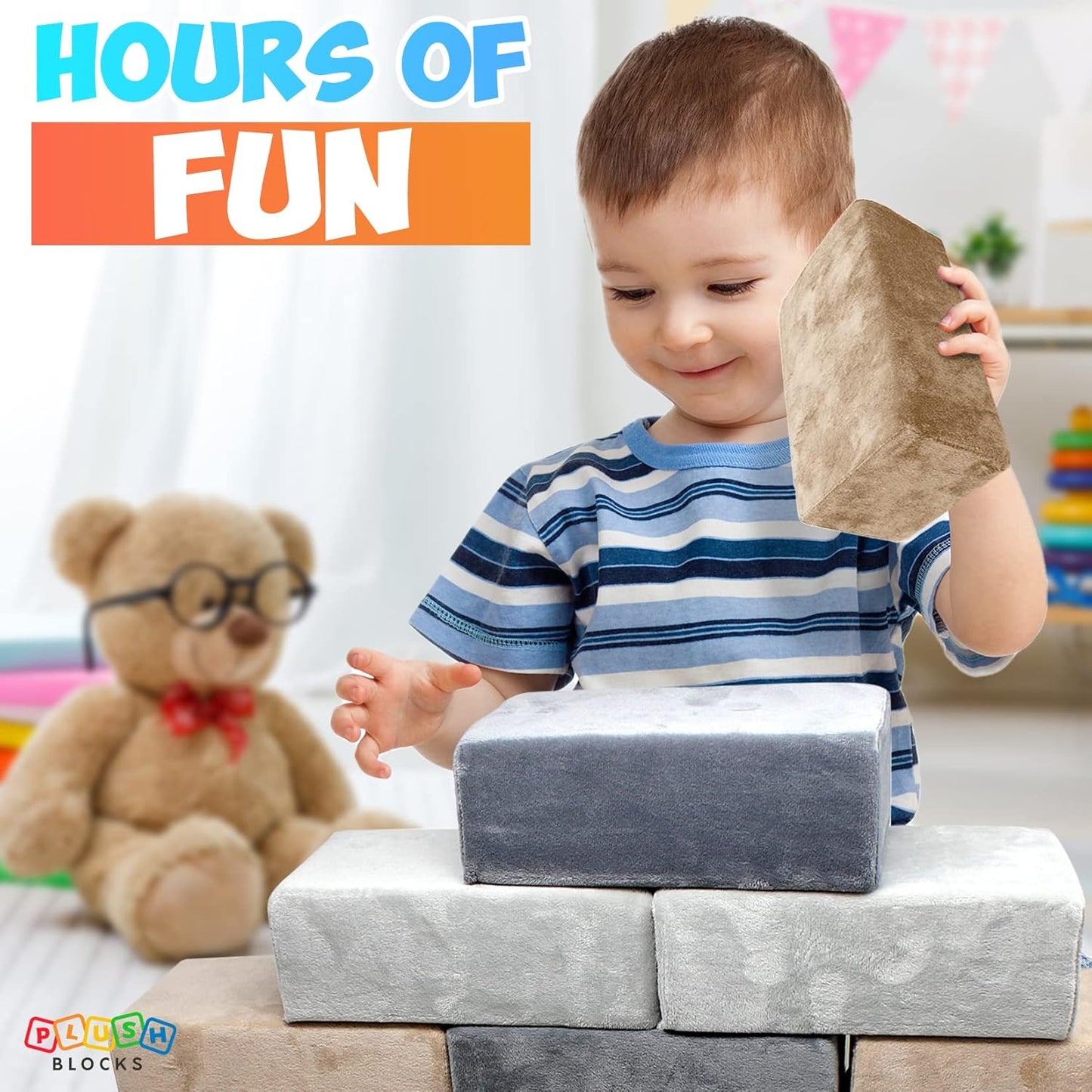 The Original Premium Plush Building Block for Kids - Certified Safe Foam Blocks in Luxuriously Soft Fabric Covers - Set of 24 (Castle Rock)