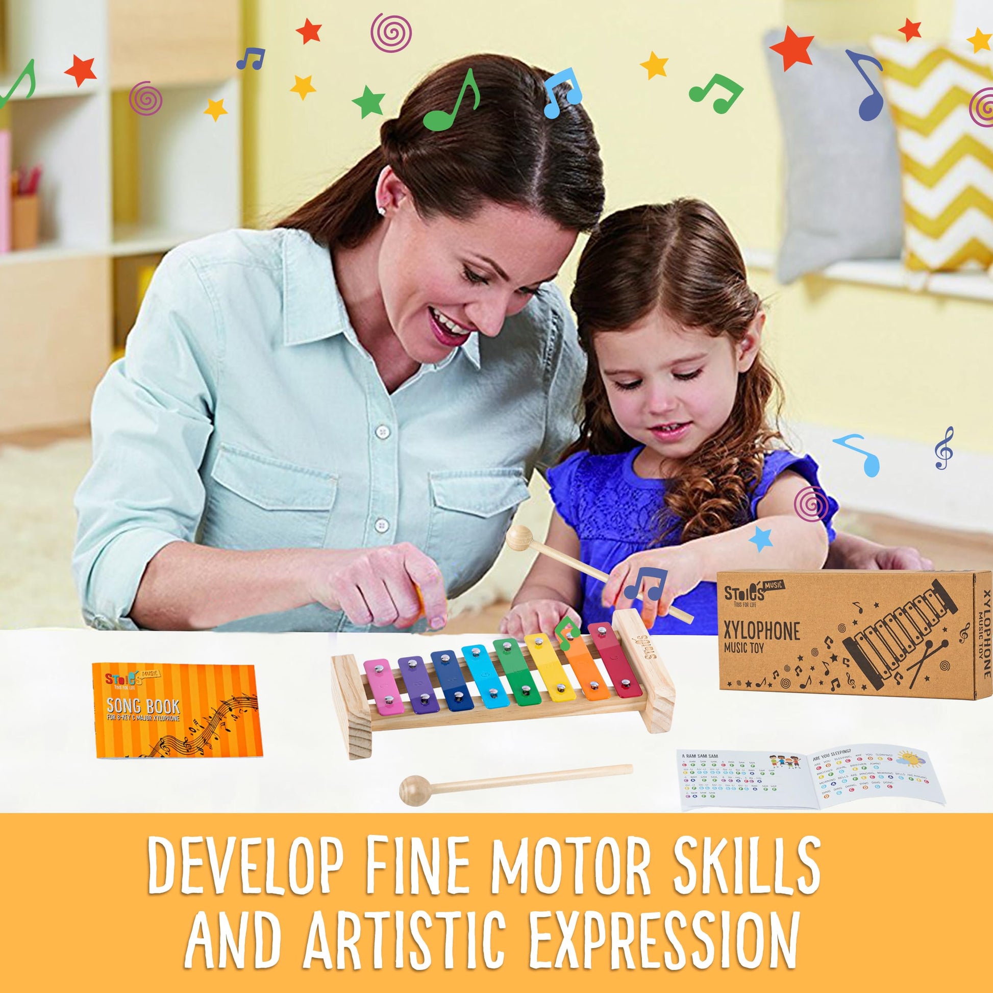 Stoie's Wooden Xylophone for Kids and Toddlers, Kid-Friendly Design, 8 Notes of Rainbow Color