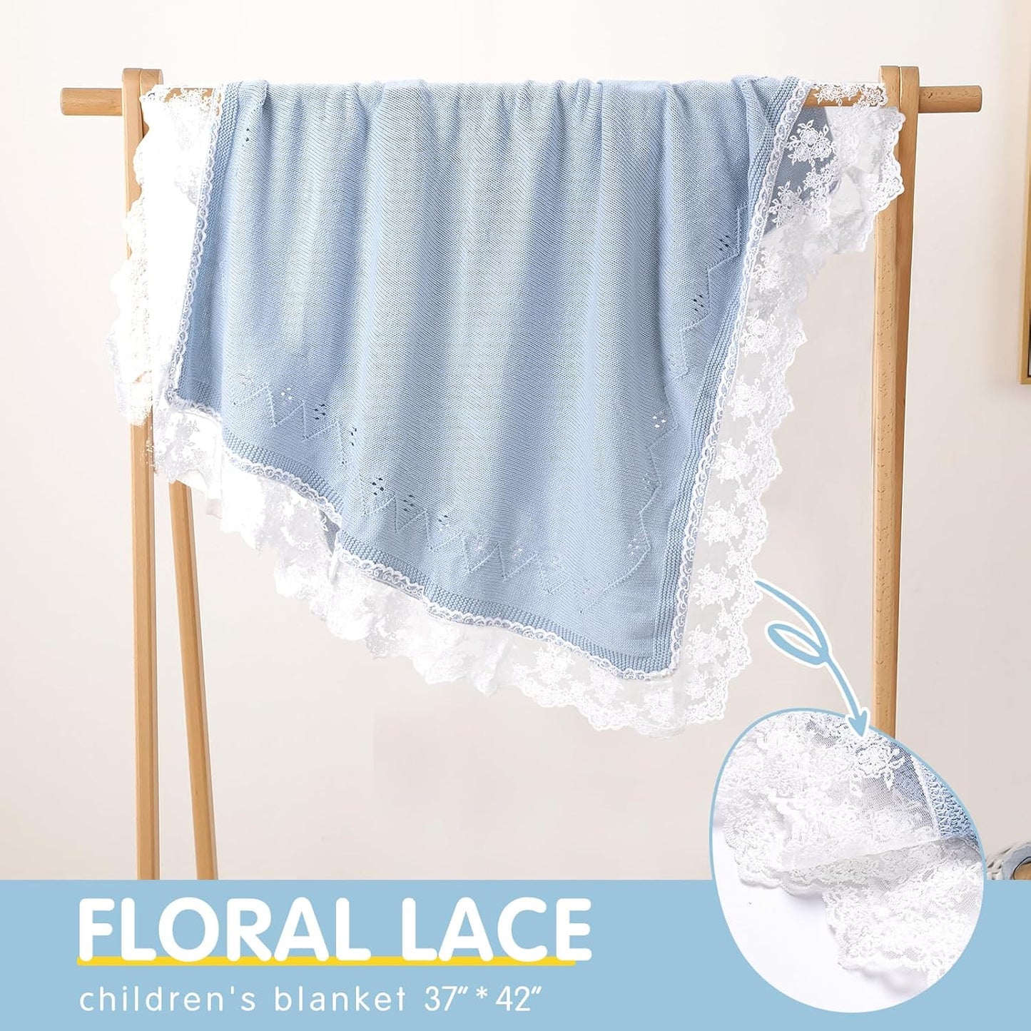 Booulfi Baby Blankets Neutral Knitted Blue Cotton Blue Baby Blanket Stroller Lace Border Crochet