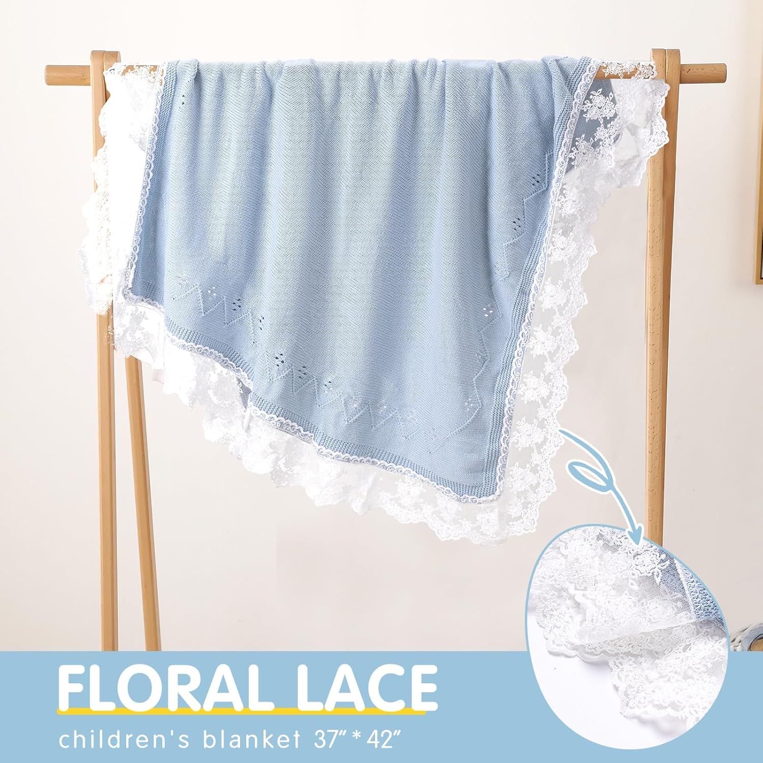 Booulfi Baby Blankets Neutral Knitted Blue Cotton Blue Baby Blanket Stroller Lace Border Crochet