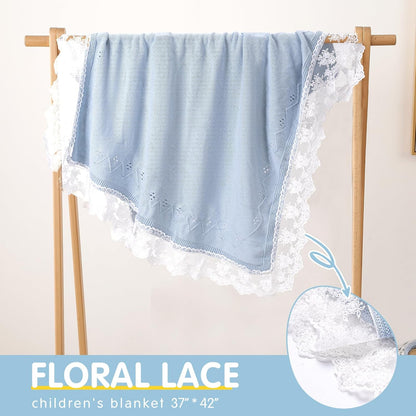 Booulfi Baby Blankets Neutral Knitted Blue Cotton Blue Baby Blanket Stroller Lace Border Crochet