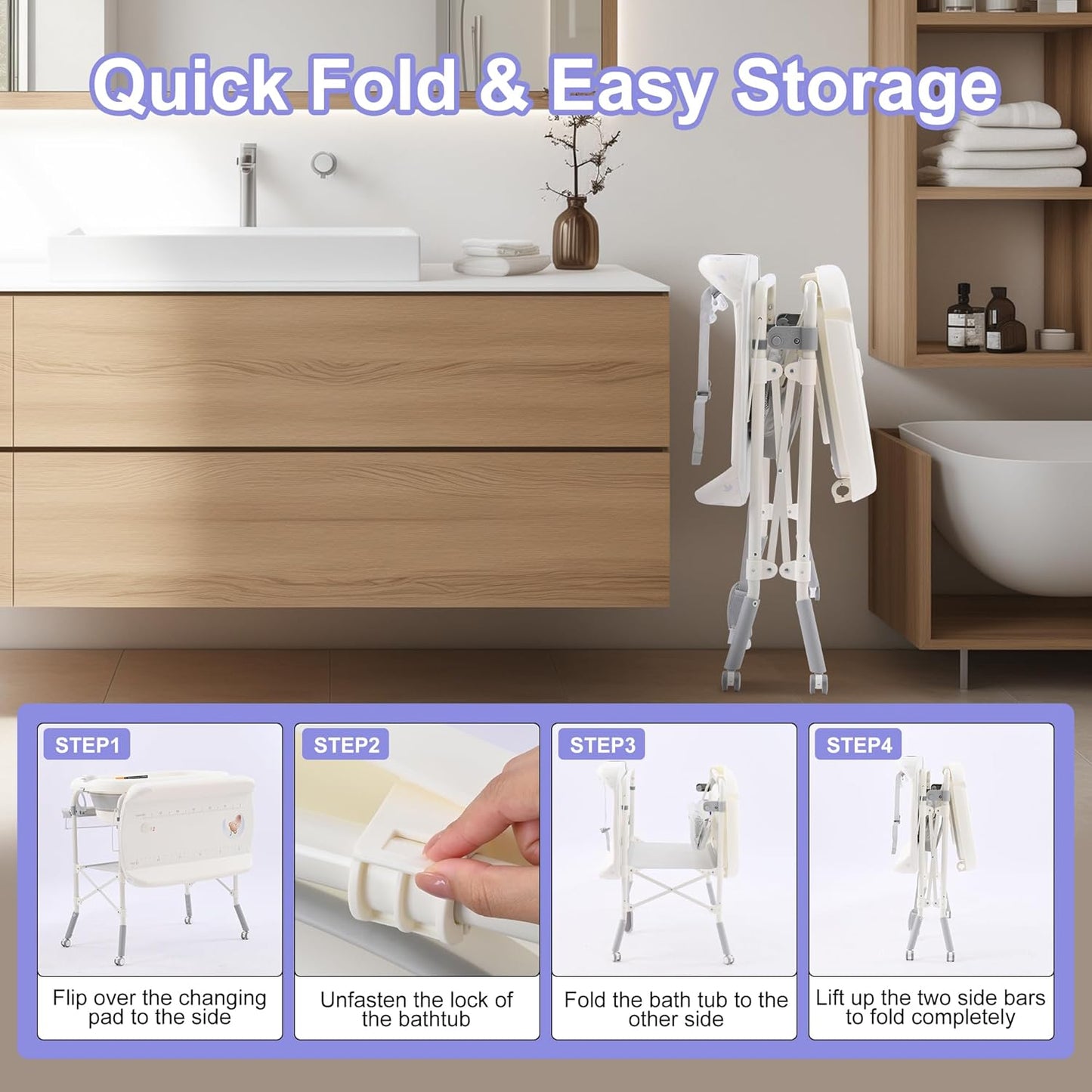 2-in-1 Baby Bathtub with Changing Table, Foldable Diaper Changing Station with 4 Wheels, Waterproof