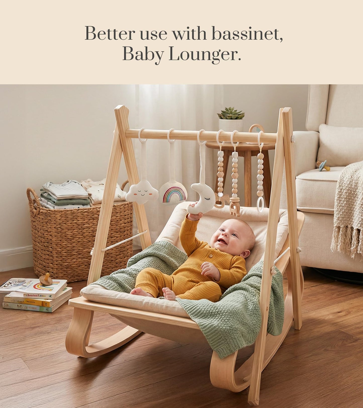Mallify Wooden Baby Gym with 6 Gym Toys, Foldable Baby Play Gym, Natural Pine Wood Play Gym, Frame