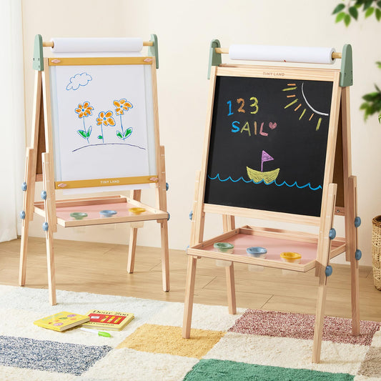 Tiny Land Wooden Easel for Kids, Art Easel with Chalkboard & Whiteboard