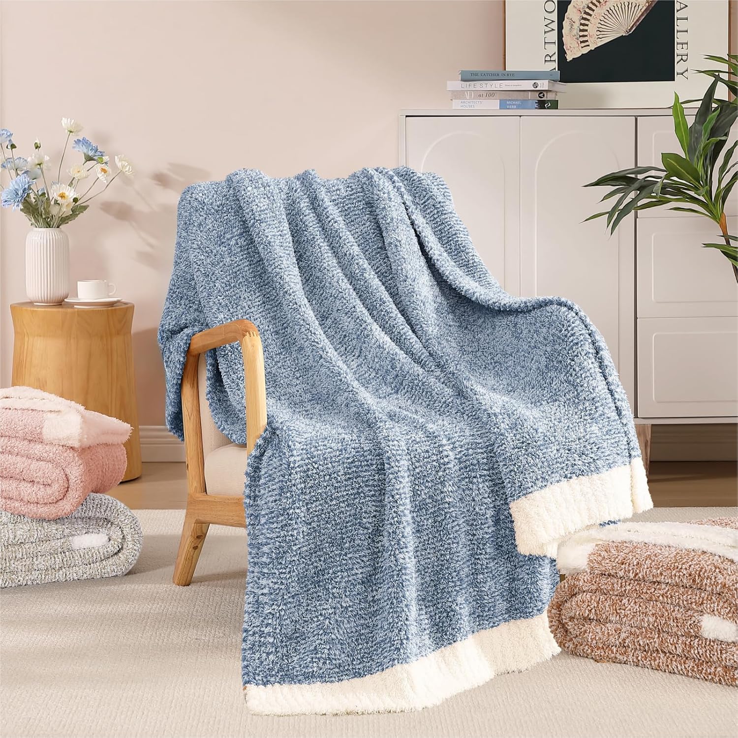 WRENSONGE Throw Blanket Cationic Dyeing Blue Soft Cozy Fluffy Warm Hand Made Weave Throw Blankets