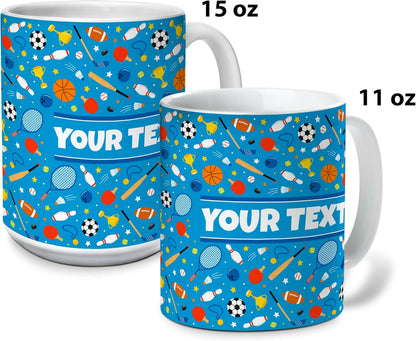 Personalized Mug for Kids - Sports - Custom Name/Text, Ceramic Hot Chocolate/Cocoa/Coffee Cup for Boys/Girls, Birthday/Christmas/Holiday Gift - 15 oz, Red Handle