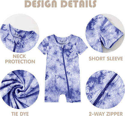 Jimonda Baby Girl Boys Rayon From Bamboo Pajamas 3 Pack Short Sleeve Footless Romper 2 Way Zipper Tie Dye Pjs Sleeper 0-24M