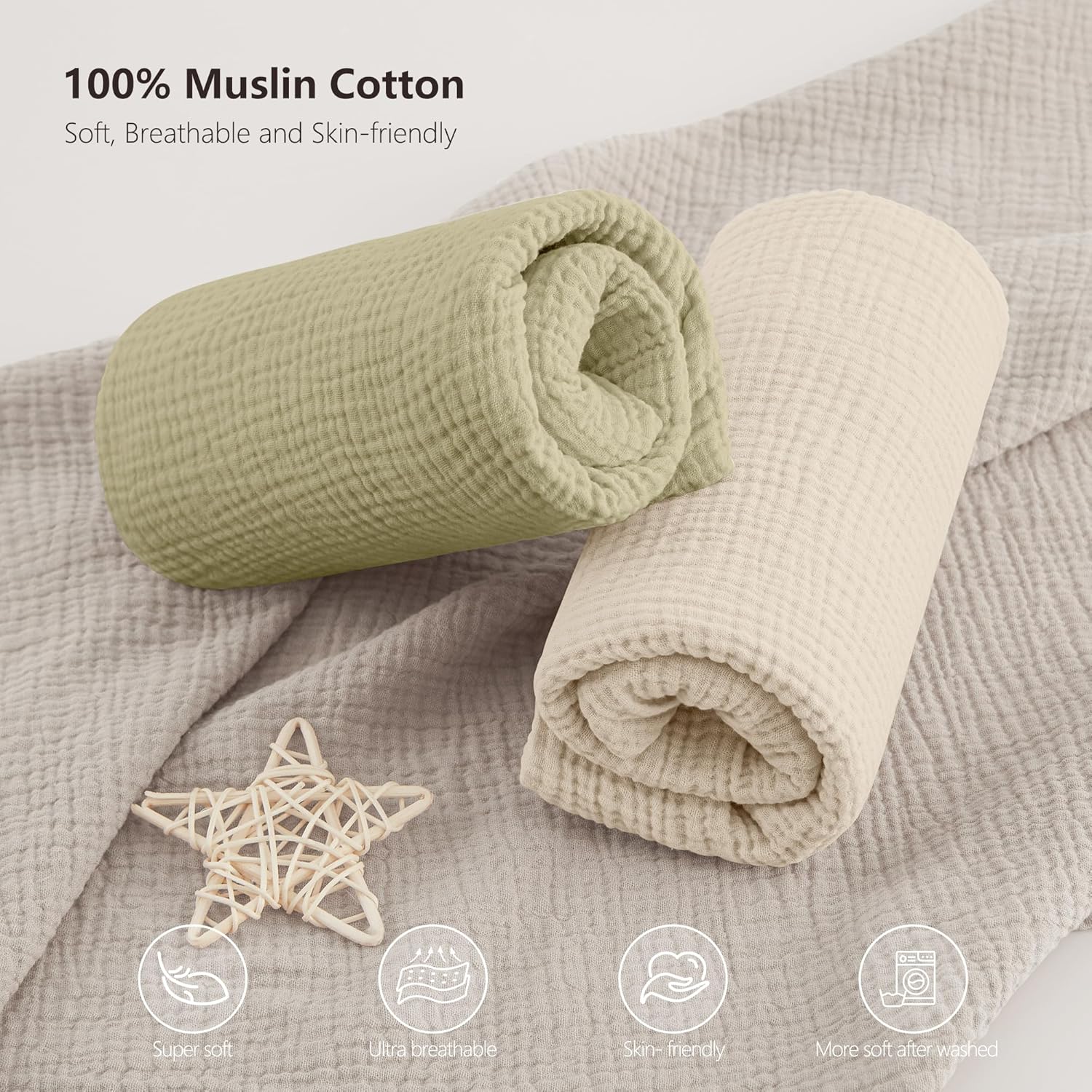 Bearmoss Muslin Mini Crib Sheets for Pack N Play Mattress - 100% Cotton - 38"x24" Soft Breathable