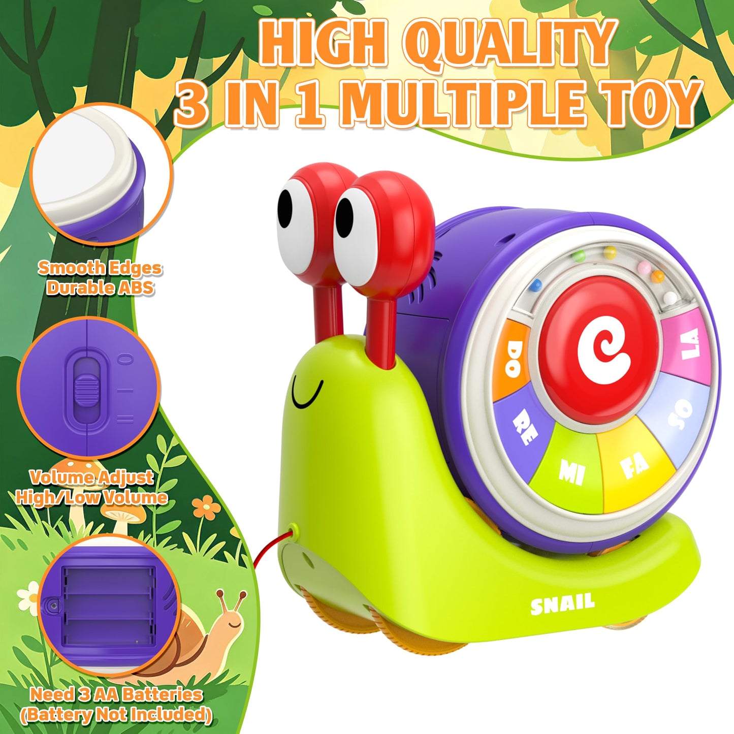 Ciesa 3 in 1 Musical Toddler Toys for 1-3 Year Old, Pull Along Snail Toy with Baby Piano and Light