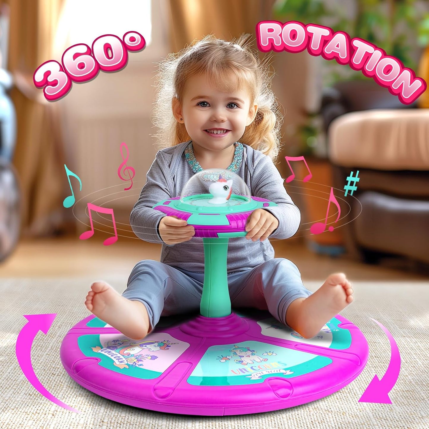 Unicorn Sit and Spin Toy Birthday Gift for 2 3 4 Years Old Girl - Toy for Toddler Girl Ages 1-3 2-4, Kids 360° Spinning Seat with LED & Music, Indoor Active Play Early Development Toys