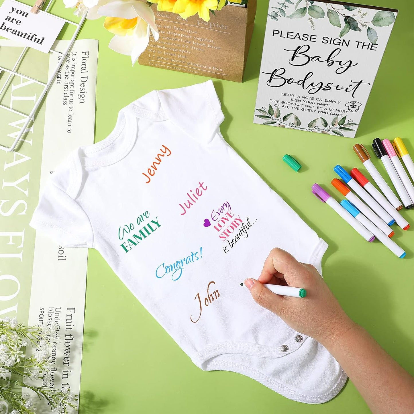 Qunclay 12 Pcs Baby Bodysuit Baby Shower Game Include 1 Game Wooden Sign Tabletop Decor 1 White Blank Newborn Bodysuit 10 Fabric Marker for Gender Reveal Party(Greenery)