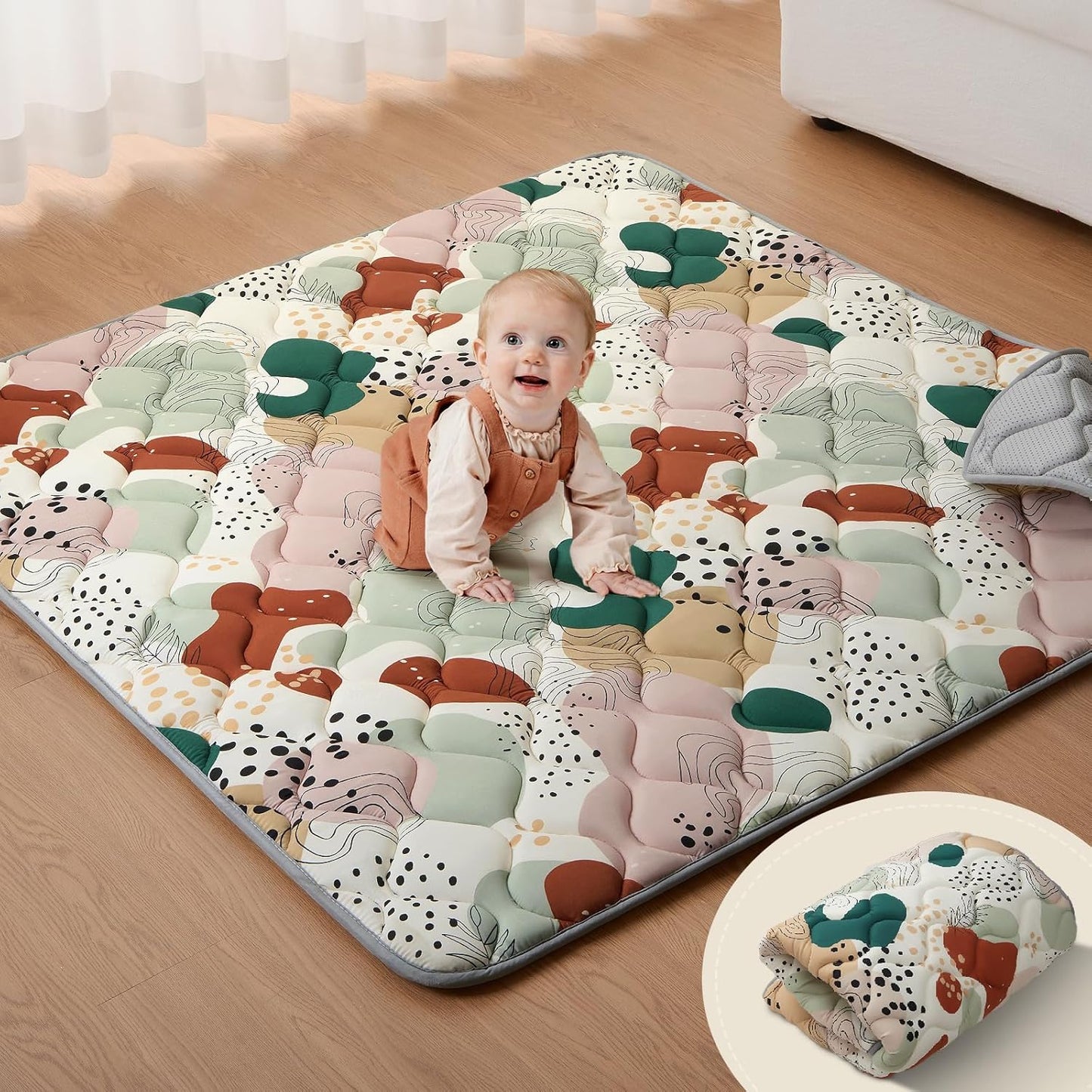 Blissful Diary Portable Baby Play Mats for Floor, Thicken Cushioned Foldable Baby Crawling Mat for Indoor Outdoor, Modern Abstract 43" X 43"