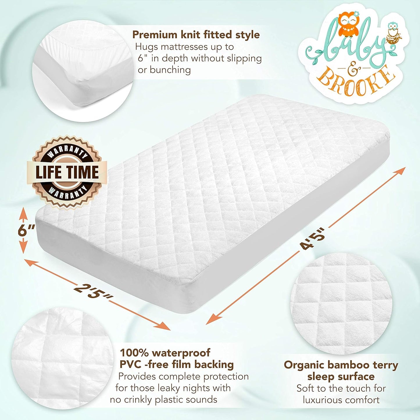 Organic Bamboo from Viscose Fitted Crib Mattress Protector Pad by Baby&Brooke – 100% Waterproof