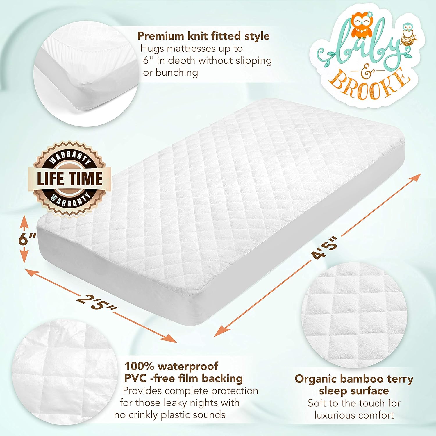 Organic Bamboo from Viscose Fitted Crib Mattress Protector Pad by Baby&Brooke – 100% Waterproof