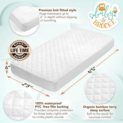 Organic Bamboo from Viscose Fitted Crib Mattress Protector Pad by Baby&Brooke – 100% Waterproof