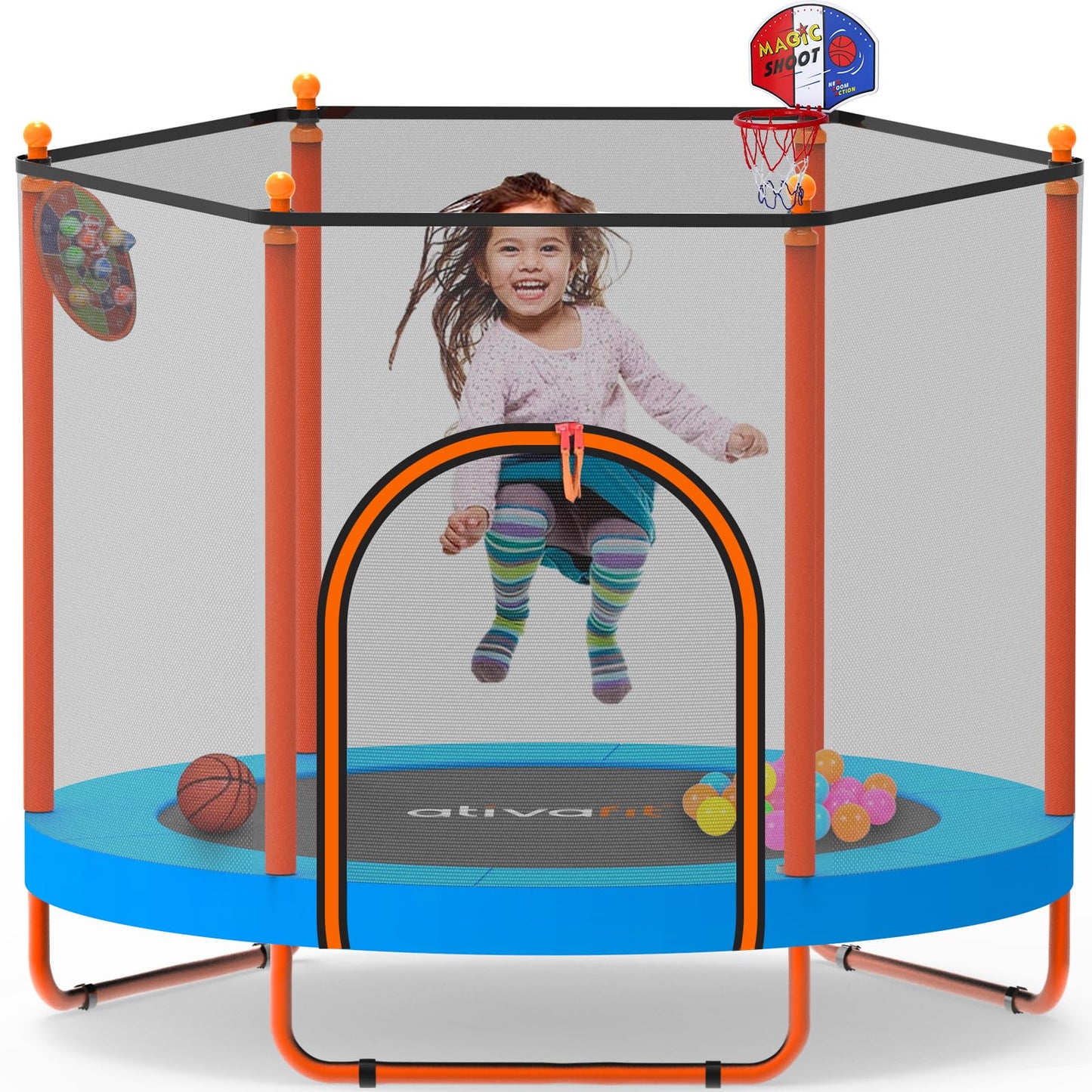 ATIVAFIT 60″ Indoor‑Outdoor Kids Trampoline Mini Rebounder with Safety Net & Hoop, Ideal for