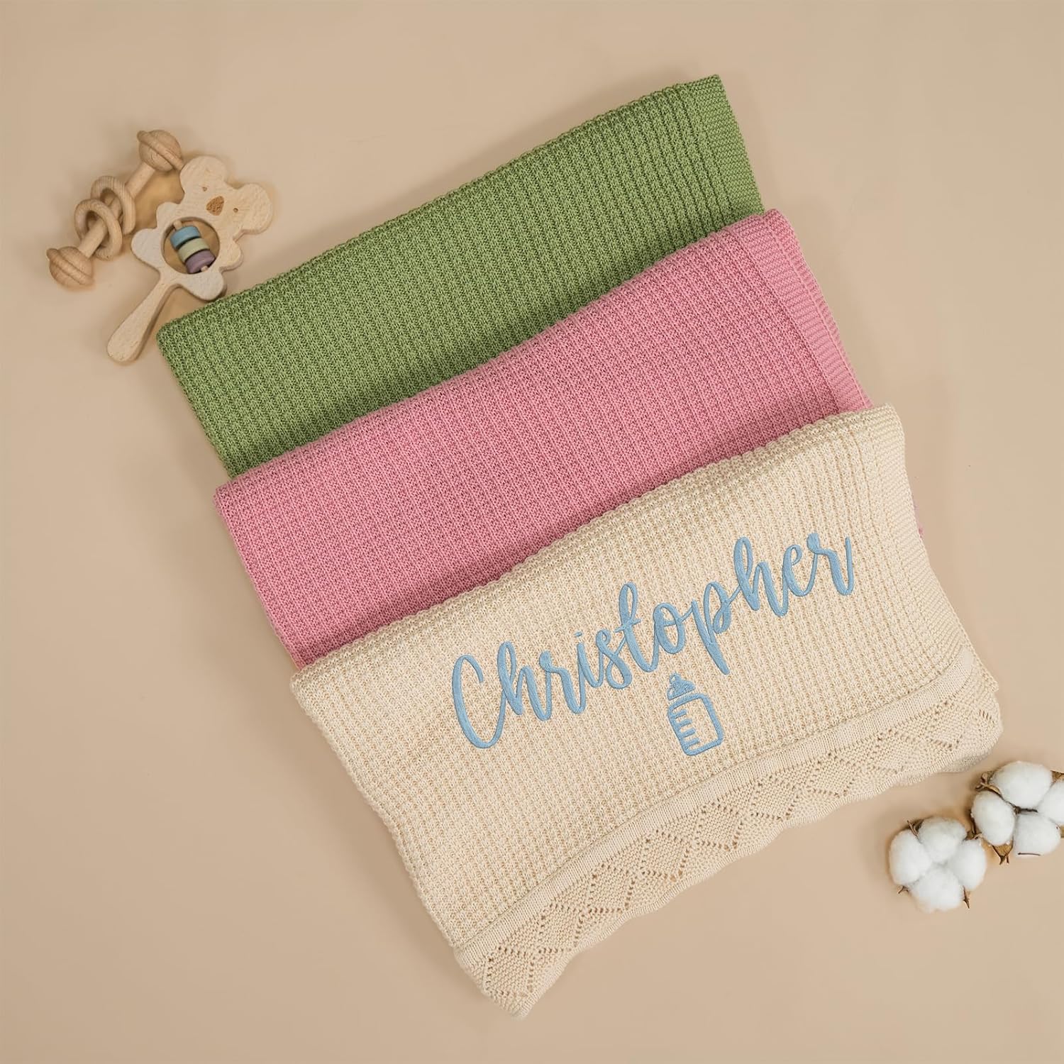 Custom Embroidered Baby Blanket, Personalized Knitted Cotton Blanket with Name for Newborn Boys and