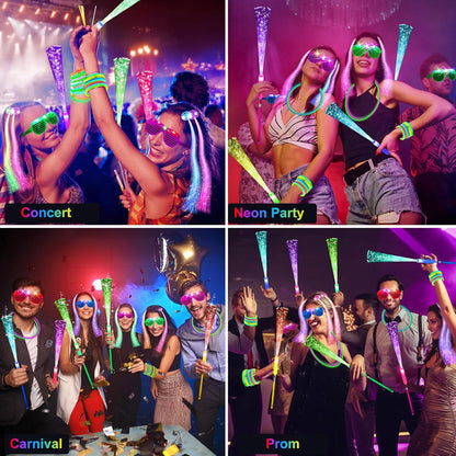 148 PCS Glow in the Dark Party Supplies, 16 PCS Glow Fiber Optic Wands, 14 PCS LED Glasses, 100 PCS Glow Sticks and 18 PCS LED Hair Clips Fiber Optic for Glow Party, Wedding, Concert, Birthday