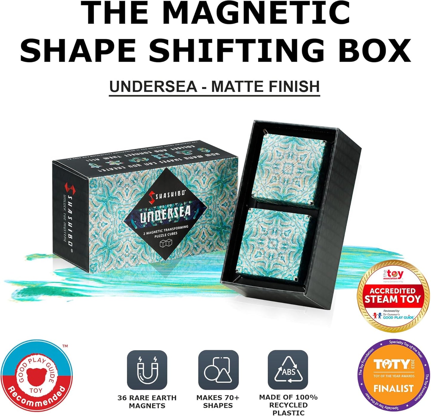 SHASHIBO Shape Shifting Box - Award-Winning, Patented Fidget Cube w/ 36 Rare Earth Magnets - Transforms Into Over 70 Shapes, Gift Box, Download Fun in Motion Toys Mobile App (Undersea, 2 pack)