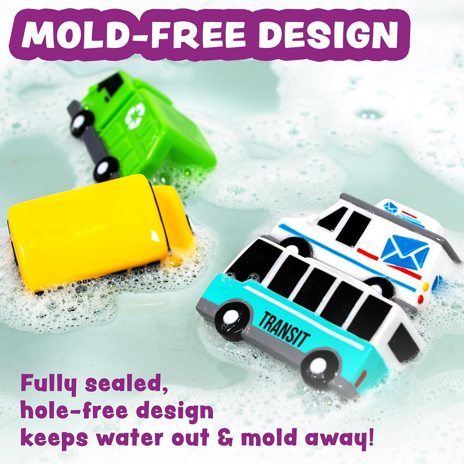 Tub Works® Vehicles™ Bath Cars Mold Free Bath Toys, 6 Pack | Sealed, No Hole Bath Toys Design Keeps