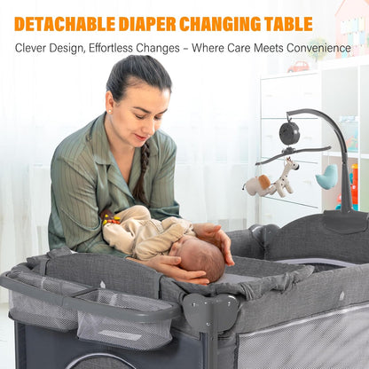 5 in 1 Baby Bassinet, Bedside Cribs, Pack and Play Changing Table, Portable Travel Baby Bassinet Toys & Music Box,Mattress for Girl Boy Infant Newborn (Grey)
