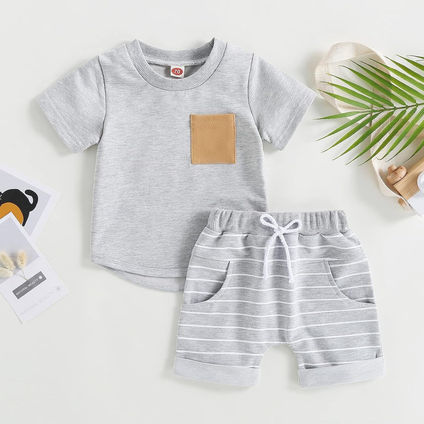 fhutpw Baby Toddler Boy Clothes Summer Outfits 6 12 18 24 Months Patchwork Short Sleeve T Shirt & Shorts Sets with Pockets