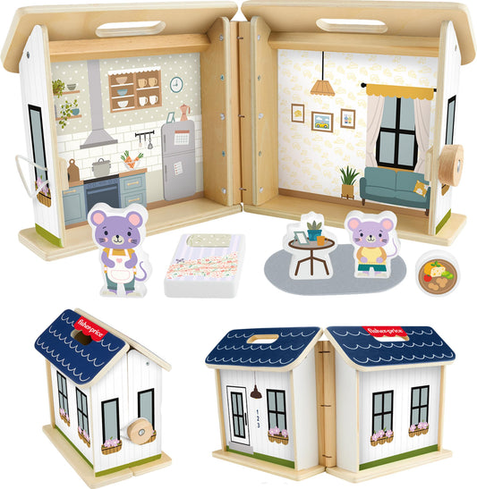 Fisher-Price Wood Pretend Play Toy Dollhouse, 6-Piece Wooden House Playset for Travel Preschool