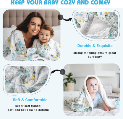 Personalized Elephant Baby Blanket for Boy Girl Custom Name Blanket for Baby Shower Customized Birthday Christmas Newborn Gifts