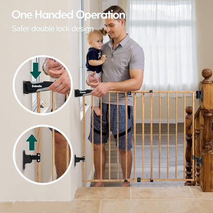 Babelio 26-43" No Bottom Bar Baby Gate for Babies, Elders and Pets, 2-in-1 Hardware Mount Dog Gate for The House, Stairs and Doorways, with Large Walk Thru Door, Brown Wood Pattern