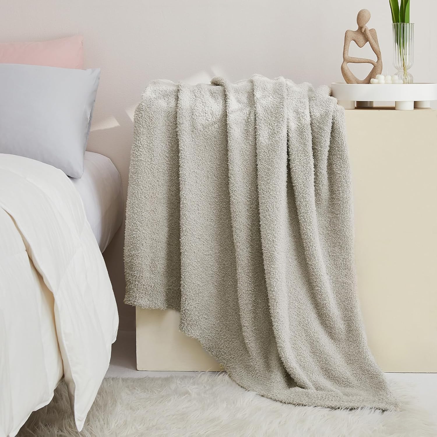 CYMULA Knit Throw Blanket for Couch Light Grey - Super Soft Lightweight Plush Fuzzy Fluffy Warm