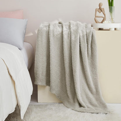 CYMULA Knit Throw Blanket for Couch Light Grey - Super Soft Lightweight Plush Fuzzy Fluffy Warm